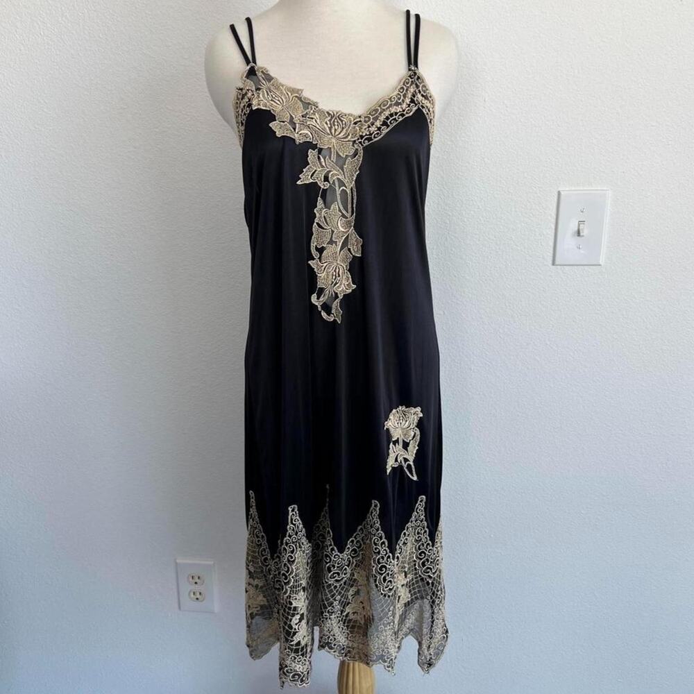 Han Sol Vintage Korean Black Gold Lace Slip Dress Midi Nightgown Lingerie Womens